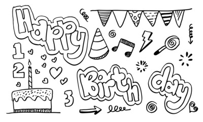 set of hand drawn doodle cartoon objects and symbols on the birthday party.