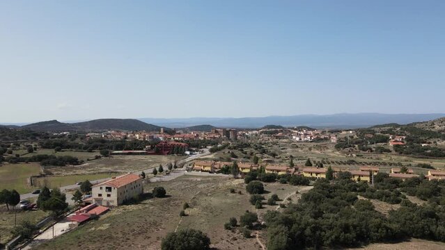 Aerial views from Mora de Rubielos, Teruel, Arag&oacute;n, Spain. The drone is arriving to town. 