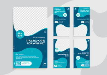 Animal health care Social media stories frame set background template with simple elegant modern style. Pet care background design for social media stories. Vector illustration.
