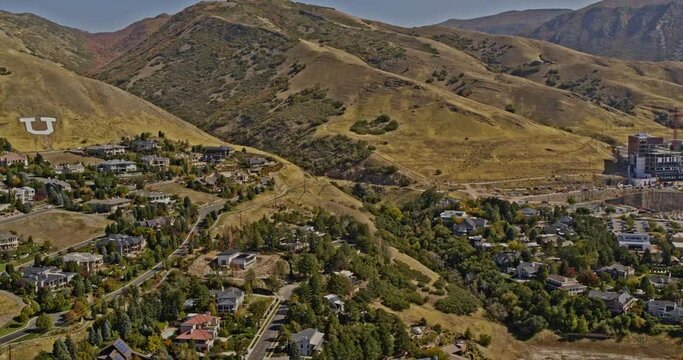 Salt Lake City Utah Aerial v64 low level flyover federal heights hillside neighborhood with beautiful mountainscape and icnoic block U on mount van cott - Shot with Inspire 2, X7 camera - October 2021