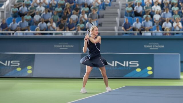 Female Tennis Player Hitting Ball with a Racquet During Championship Match. Professional Woman Athlete Striking Ball. World Sports Tournament with Audience. Cinematic Slow Motion Side View Playback