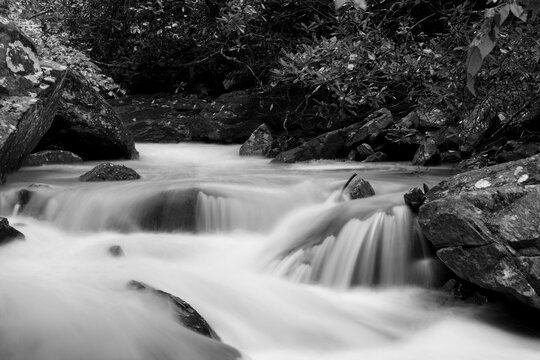Black and white of water cascading over rocks in the Great Smoky Mountains