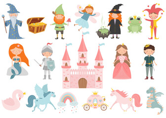 Set of cartoon fairy tale characters. Princess, prince, fairy, pegasus, stargazer, swan, knight, witch, mermaid, gnome, unicorn, frog princess, jester, carriage, dragon, castle. - obrazy, fototapety, plakaty