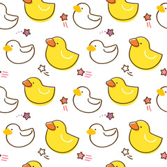Seamless Pattern of Cartoon Duck and Star Design on White Background