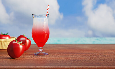 3D Fresh red tomato group sweet fruits and mixed tomato juice in beautiful glass on brown wood table with blurred sky and blue sea view in summer