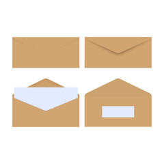 Brown envelope front and back on beige background. Letter top view. Vector illustration