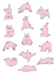 Yoga poses of funny cartoon pink pigs. Vector set of cute animal asanas isolated on white background.