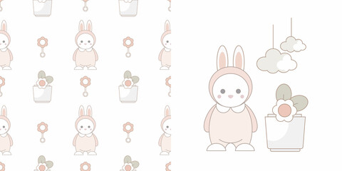 Gender neutral card and pattern for baby shower decor, nursery print, kids apparel, wrapping paper, fabric and textile