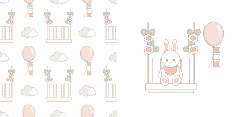 Gender neutral card and pattern for baby shower decor, nursery print, kids apparel, wrapping paper, fabric and textile