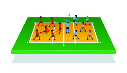 Isometric illustration for people playing volleyball on 3d volleyball field