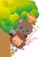 Cute cartoon animals hiding behind the tree. Playing hide and seek. Cartoon animal character. Illustration, Vector, EPS10