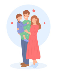 Young family kid together, flat style. Happy parents with their young daughter. Family values. Cute vector illustration.