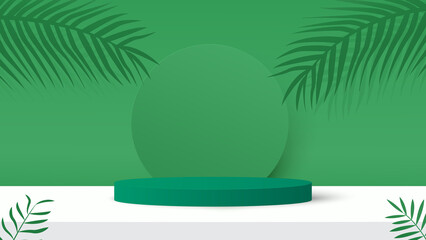 Podium platform to show product with green leaves on green background. Empty shelf for your product placement. Vector illustration