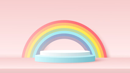 Podium platform to show product with rainbow on pink background. Vector illustration