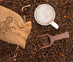 Coffee beans and cappuccino 