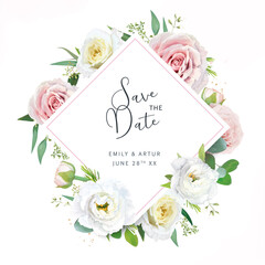 Floral, vector wedding invite save the date card. Watercolor pink, light, yellow garden rose flowers, lisanthus, seeded eucalyptus green leaves, branches bouquet wreath. Elegant, editable illustration