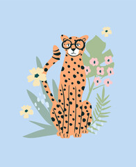 Hipster cheetah background with flowers and palm leaves. Cute illustration for girls, baby, or kids.