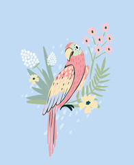 Parrot background with flowers and palm leaf. Cute illustration for girls, baby, or kids.
