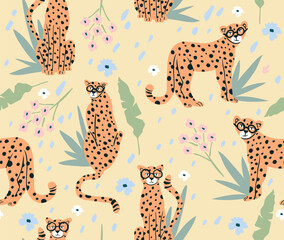 Cute hipster cheetah seamless pattern with flowers and palm leaf. Cute background for girls, baby or kids.