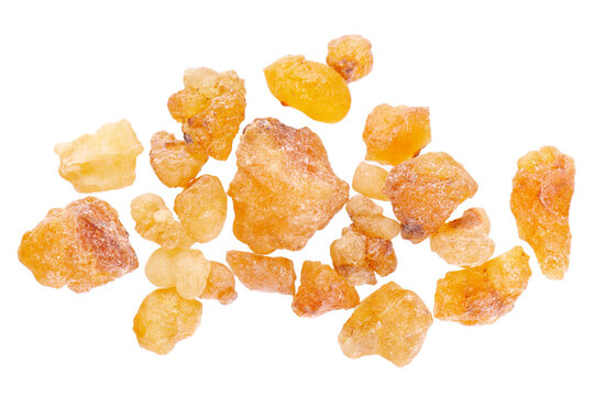 Frankincense resin isolated on white background. Pile of natural frankincense Olibanum. Incense. Top view.