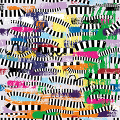 seamless abstract background composition, with stripes, black and white, paint strokes and splashes