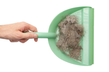 Man holding dustpan with dust on white background. Dustpan green color. Isolated. Clipping path. Close-up. Top view. Flat lay. - obrazy, fototapety, plakaty