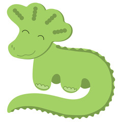Cute green baby dinosaur drawn in children's style with decorative elements. Triceratops for printing on kids things.