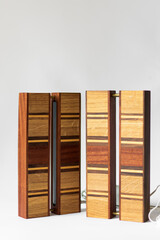 minimalistic handmade retro lamps made of wood on a white background isolated