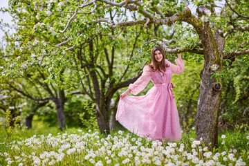 Fototapeta na wymiar a young woman in a pink dress posing next to a blossoming apple, spring portrait.