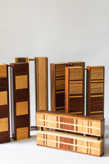 minimalistic handmade retro lamps made of wood on a white background isolated