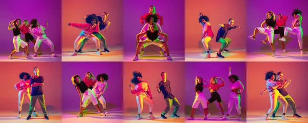 Fotobehang Stylish men and women dancing hip-hop in bright clothes on colorful background at dance hall in neon light. Youth culture, hip-hop, movement, style. Collage © master1305