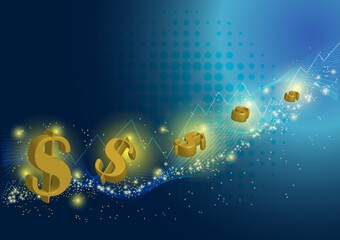 Dollar sign flowing on stardust and graph abstract background.