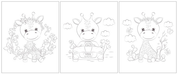Cute giraffe coloring page. Set of 3 pages for a coloring book. Cute animal vector illustration in black and white. Outlines of animals for coloring pages for girls and boys.   © ArtVarStudio