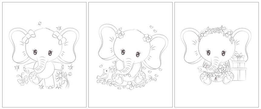 Cute elephant coloring pages. Set of 3 pages for a coloring book. Cute animal vector illustration in black and white. Outlines of animals for coloring pages for girls and boys. 
