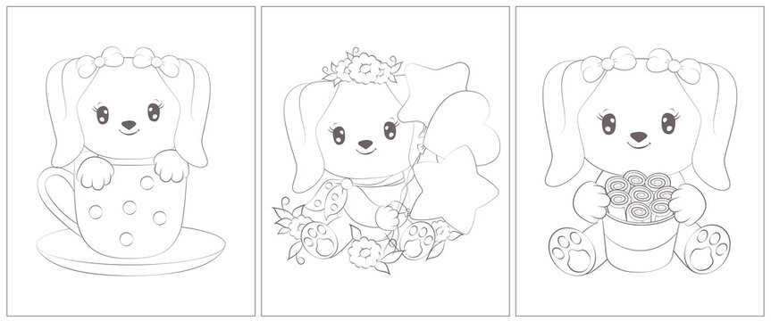 Puppy dog black and white. Set of 3 pages for a coloring book. Cute animal vector illustration in black and white. Outlines of animals for coloring pages for girls and boys. 
