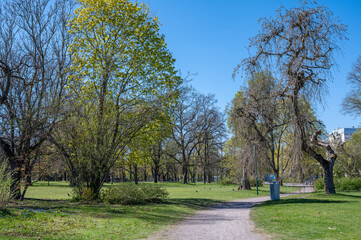 Sunny spring day in early May 2022 in city park Folkparken in Norrkoping. Norrkoping is a historic industrial town in Sweden.
