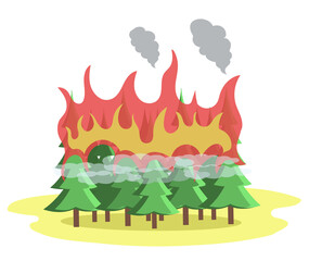 Forest fire catastrophe, change climate concept with burning coniferous. Ecological problem, fire destroys plants and animals. Harm to environment, danger, drought and global warming, natural disaster