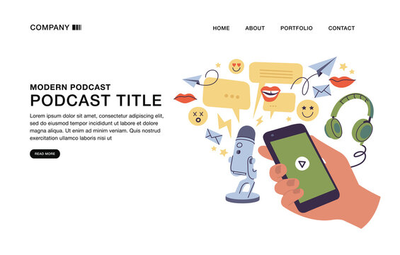 Vector illustrations landig page for concept of podcast recording and listening, broadcasting, online radio, audio streaming service with mobile phone.