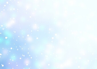 Fototapeta na wymiar Subtle falling snow on light blue blurred empty background. Delicate winter airy illustration.