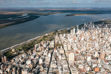 Aerial shot over Rosario city and the Parana River in Argentina