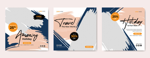 Travel and tour social media banner post. Traveling business marketing flyer with agency logo and icon. Summer beach holiday promotion web poster with abstract background. Online travel sale banner. 