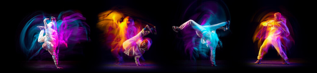 Collage of images of young man, hip-hop and breakdance dancer dancing on dark background with mixed neon light. Youth culture, style and fashion, action.