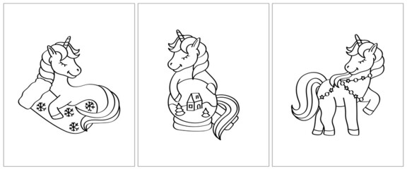 Christmas unicorn coloring pages. Set of 3 pages for a coloring book. Cute animal vector illustration in black and white. Outlines of animals for coloring pages for girls and boys.
