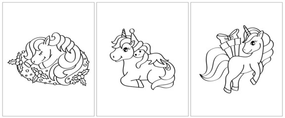 Christmas unicorn black and white. Set of 3 pages for a coloring book. Cute animal vector illustration in black and white. Outlines of animals for coloring pages for girls and boys. 
