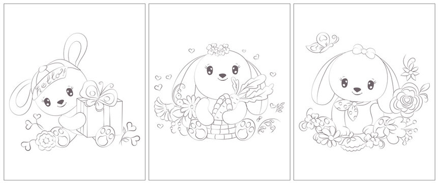 Cute bunny coloring pages. Set of 3 pages for a coloring book. Cute animal vector illustration in black and white. Outlines of animals for coloring pages for girls and boys. 
