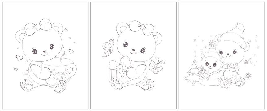 Bear coloring page for kids. Set of 3 pages for a coloring book. Cute animal vector illustration in black and white. Outlines of animals for coloring pages for girls and boys.
