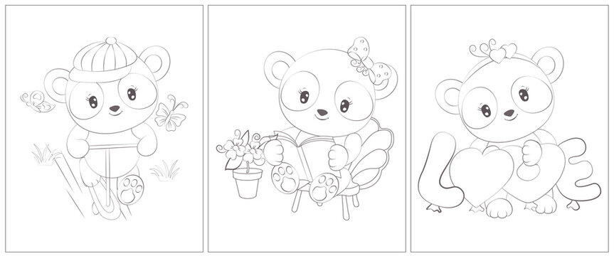 Cute panda black and white. Set of 3 pages for a coloring book. Cute animal vector illustration in black and white. Outlines of animals for coloring pages for girls and boys.
