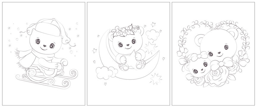 Cute bear black and white. Set of 3 pages for a coloring book. Cute animal vector illustration in black and white. Outlines of animals for coloring pages for girls and boys. 
