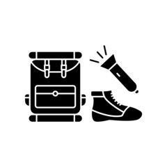 Camping accessories icon vector. Bags, flashlights, shoes. Solid icon style, glyph. simple design editable. Design simple illustration