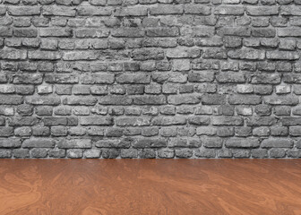 Interior room with old gray brick texture and wood floor. 3d rendering illustration.